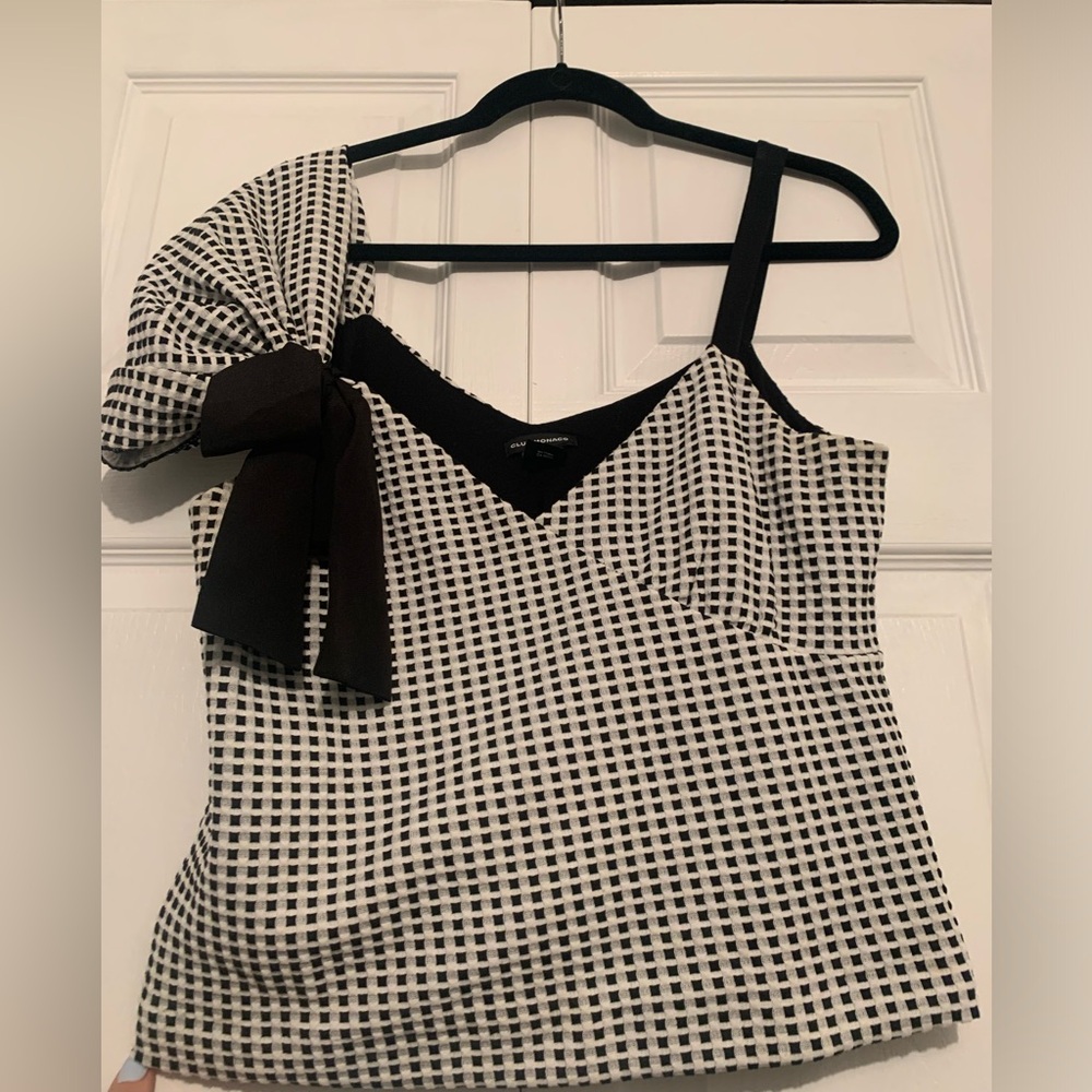 Club Monaco B&W Checkered One-Shoulder Top